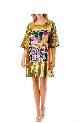 Women's Gold Mardi Gras Mask Sequin Dress • $74.99