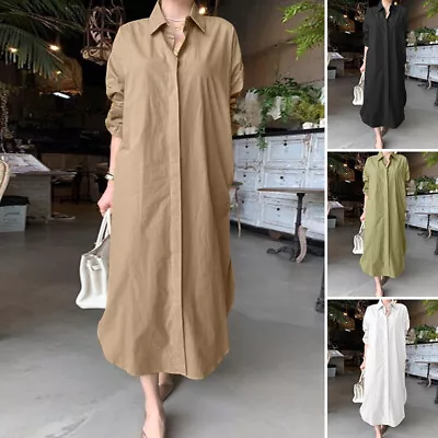 ZANZEA Women Vintage Casual Solid Turn Down Collar Loose Long Shirt Dress Plus • $15.38