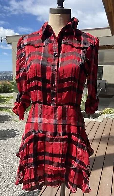 Alice + Olivia Hazeline Red Plaid Western  Y2k Romper Dress $395 Sz 6 Repair • $22