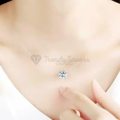 925 Sterling Silver Round Cubic Zirconia Clear Transparent Pendant Necklace • £3.99