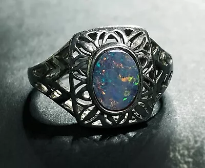 Vintage Estate Men's Pinky Ring BLACK AUSTRALIAN FIRE OPAL In Sterling Silver • $143.99