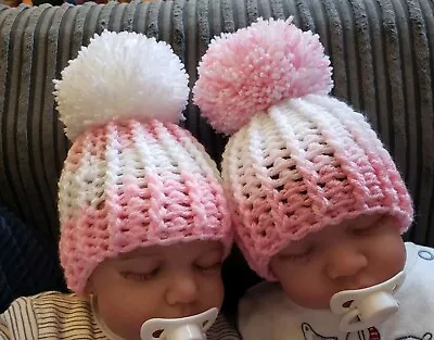 Newborn Baby Girls Hand Knitted Crochet Hats  Set Of 2 Pink White  • £18