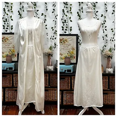 Vintage 80s Peignoir Set Nightgown Robe Ivory Nylon Slip Dress Lace Pin Up XS/S • $39.99