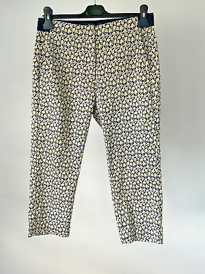 M&S Size 10 Short The Mia Slim Cropped Trousers Navy Blue Yellow Floral L21 D179 • £11.99