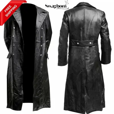 Men's German Classic Ww2 Military Uniform Officer Black Leather Trench Coat • $48.75