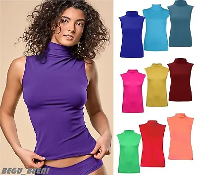 Ladies Women's Sleeveless Turtle Neck Top Roll Neck Polo Neck Jumper Yoga Gym • £5.98