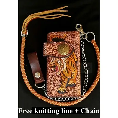 Brown Vintage Leather Tiger Blocking Men's Biker Long Trifold Chain Wallet Art • $83.17
