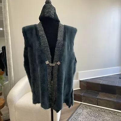 Dyed Jade Green Mink Fur Vest Swakara Trim W/Matching Headband NWT XL  • $649.99