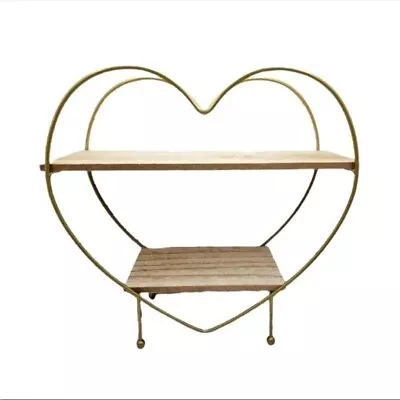 2-Tier Heart Shaped Wood Shelf Gold Metal Framed Free Standing Shelving Decor • $15.95