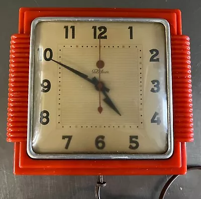 Vintage Red Bakelite 1930's Deco Telechron Electric Wall Clock In Working Order • $29.99