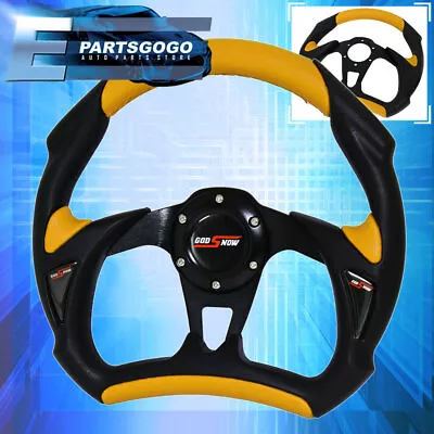 Universal 320mm Yellow Black Steering Wheel Battle + Horn Button Godsnow • $38.99