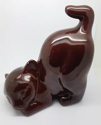 Mid Century Modern Dark Brown Ceramic Pouncing Cat Figurine Handmade By Hobbyist • $18.27