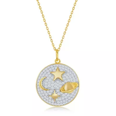 Star Moon Saturn North Star Round Micro Pave CZ Necklace Gold Plated • $77