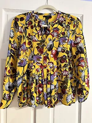 J CREW Womens Top Medium Tall Yellow Floral Half Button Pleated Hem 100% Silk • $8