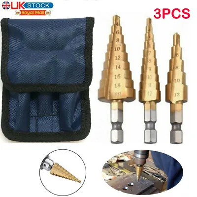£7.99 • Buy 3PCS HSS Step Drill Bit Large Cone Titanium Bit Set Metal Hole Cutter +Pouch Kit