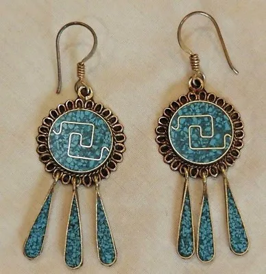 Vintage Mexican Sterling Silver & Crushed Turquoise Inlay Dangle Earrings • $50.37