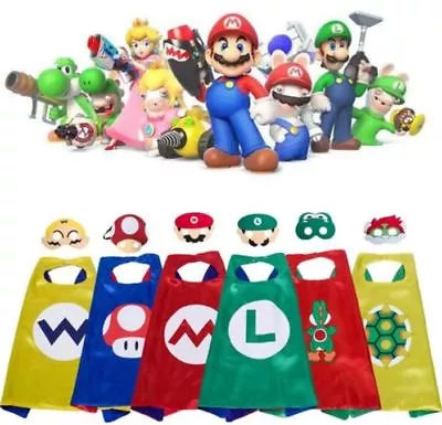 Super Mario & Luigi Bros Costume Cape & Mask Set -Yoshi Bowser Wario Toad Luigi • $12.50