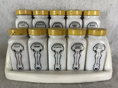 VTG 10 PC GRIFFITH'S Milk Glass Spice Jars-Art Deco Set-Yellow Lids & White Rack • $26