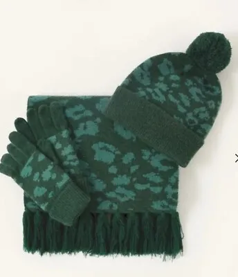 Monsoon Accessorize Animal Print Set Knitted Hat Scarf Gloves Dark Green Bnwt  • £47