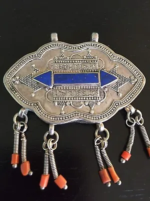 Vintage Antique Granulated Sterling Silver Lapis Lazuli Coral Pendant Moroccan • $150