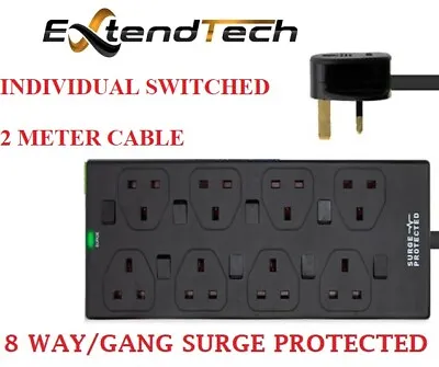 8 Gang 2 Meter Switched Surge Protected Neon Extension Lead Cable Socket UK CE • £19.95