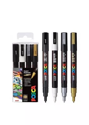 Uni Posca PC-3M Paint Marker Art Pens Fine Tip Wallet Of 4 Mono Colours • £8.99