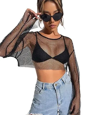 Y2K Black Gothic Fishnet Crop Top L/S  Steampunk New Layer Shrug Punk Rock 90’s • $14