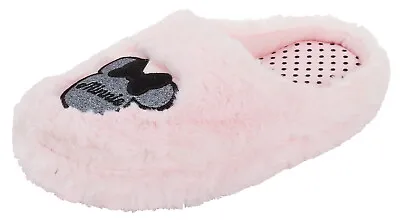 Girls Disney Minnie Mouse Glitter Mule Slippers Teens Fluffy Slip On House Shoes • £10.95