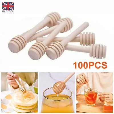 100pcs Honey Wooden Dipper Drizzler Spoon 8cm Mini Wood Stirring Rod Sticks Set • £11.99