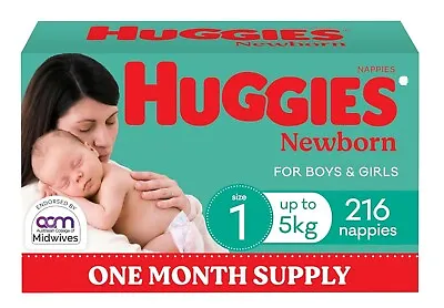 Huggies Newborn Nappies Size 1 (up To 5kg) 216 Count - One Month Supply (Packagi • $73.10