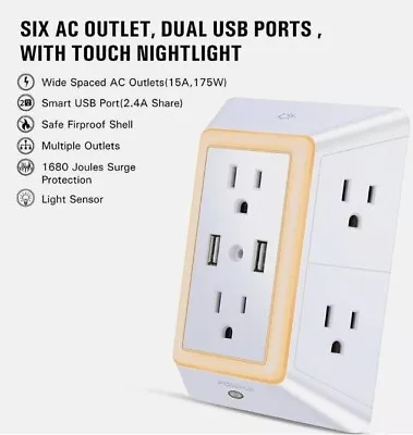 Powrui AHR-508 6 AC Outlets With 2 USB Ports Adapter/ Wall Charger • $12.99