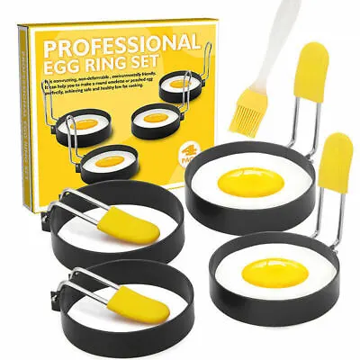 1/4Pcs Metal Egg Frying Rings Circle Round Fried/Poach Mould+Handle Non Stick UK • £4.39