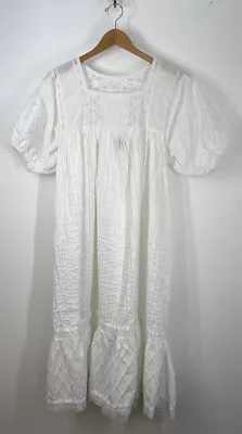 Vintage Mexican Peasant Dress Pin-tucked Tiered White SZ L Cotton Blend • $85