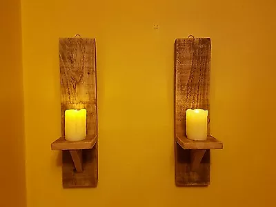 Pair Of Handcrafted Wooden Wall Sconce Candle Holders 40cm Shabby Chic Rustic  • £21.50