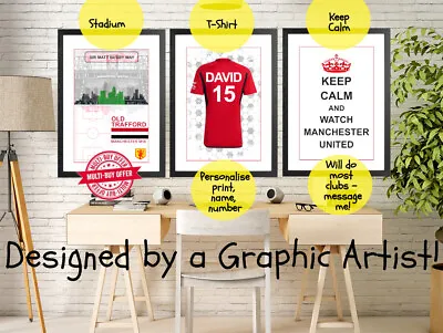 FOOTBALL CLUB  WALL PRINT - SET Of 3 - A4 Personalised ART FC POSTER NO FRAME • £19.99