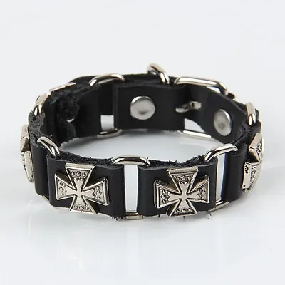 Maltese Malta Cross Mens Genuine Leather Cuff Tibet Bracelet Punk Emo Gothic  • $18.07