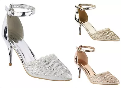 £14.99 • Buy Ladies Mid Heel Evening Court Shoes Ankle Strap Party Pointed Toe Sandals 3-8