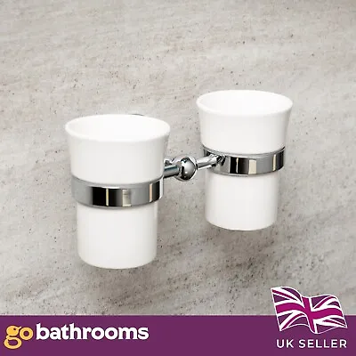 Double Toothbrush Holder Windsor Bathroom Chrome White Tumbler With Ceramic Cup • £47.39