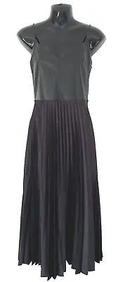 Zara Black Sleeveless V Neck Faux Leather Pleated Midi Length Dress Eur M • £29.95