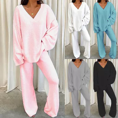 2PCS Womens Tracksuits Set Ladies V Neck Loose Loungewear Tops + Pants Pyjamas • £5.89