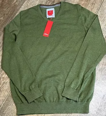 S Oliver Mens Green V Neck Knitted 100% Cotton Jumper Sweater Size Medium New • $34.99