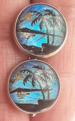 Vintage Butterfly Wing Palm Tree Earrings Screw Back Earrings Silver Tone • $10