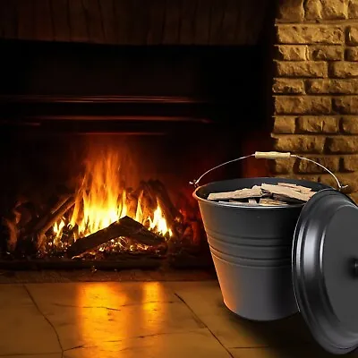 12l Metal Ash Bucket With Lid Wooden Handle Fireplace Container Litre Coal Bin • £9.99