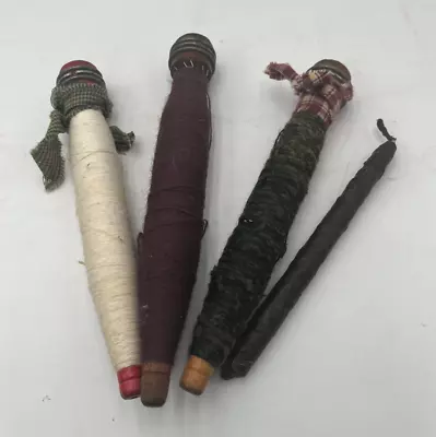 3 Primitive Wood Spools Spindle Bobbin Thread Homespun W 1 Taper Candle Vintage • $10