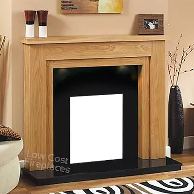 Large Gas Electric Oak Surround Black Granite Fire Set Fireplace Suite Lights • £723