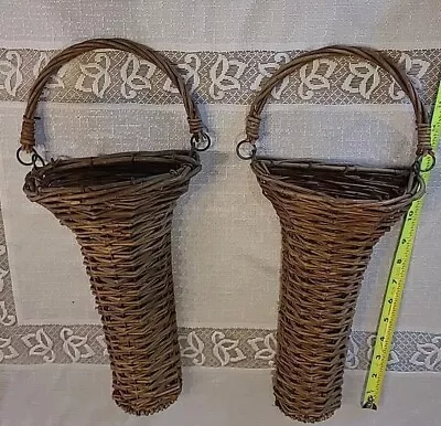 2 Vintage Natural Wicker Hanging Wall Pocket Basket Flowers Seasonal Decor  • $42.95