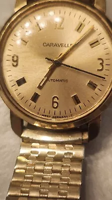 Men's Vintage West Germany AUTOMATIC Watch CARAVELLE Running Gold Flex Band 34mm • $47