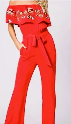 $19.85 • Buy DAVI & DANI Women's Tropical Off Shoulder Embroidered Jumpsuit Medium Red  NWT