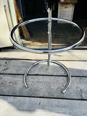 Mid Century Eileen Gray Style Chrome & Glass Side Table Extends To 25”-37” • $275