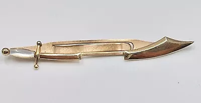 Vintage Swank Tie Bar Clip Slide Mother Of Pearl Scimitar Sword Gold Tone • $12.99